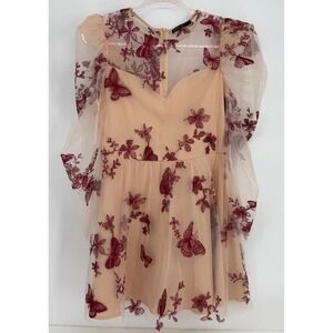Double Crazy Womens Butterfly Embroidered Mesh Puff Sleeve Mini Dress Nude Sz L